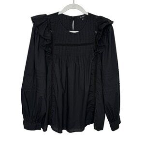 Madewell Black Full-Sleeve Pintuck Ruffle Top, L